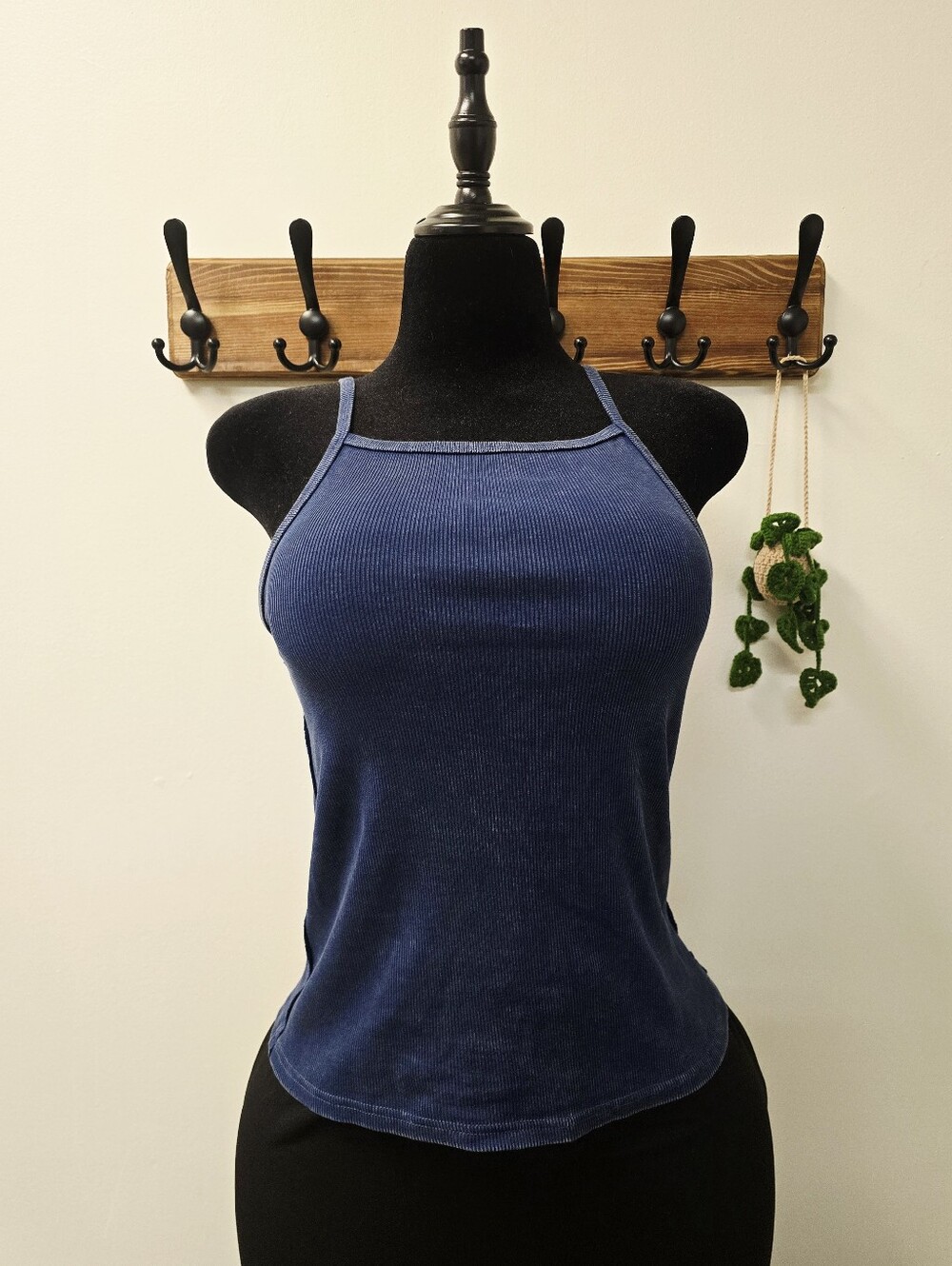 Double Zero Navy Square Neck Ribbed Halter Mineral Wash Cotton Blend Tank Top